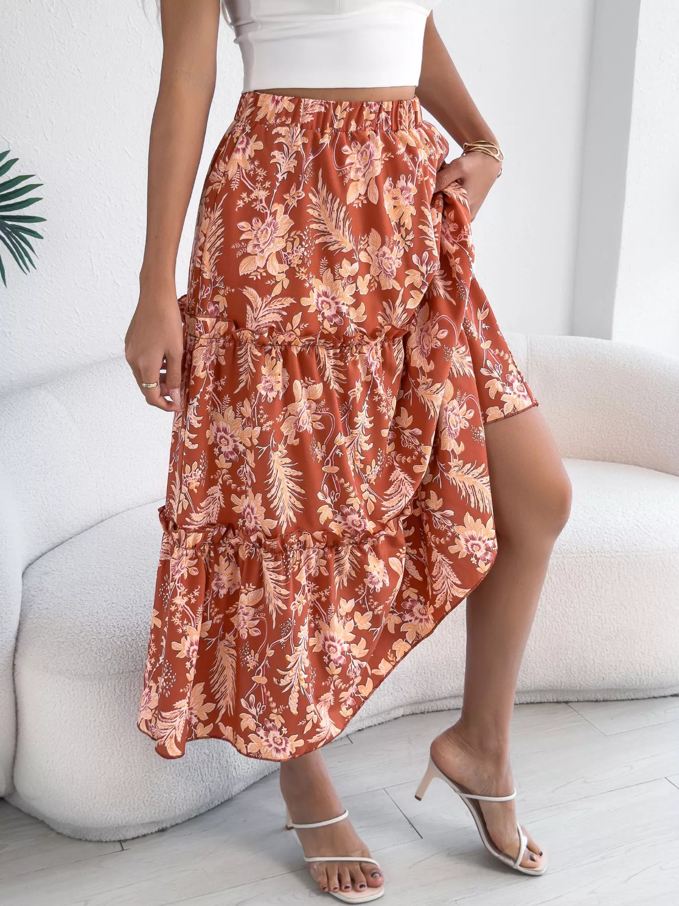 Women's Midi Skirt Floral Ruffle Hem Casual