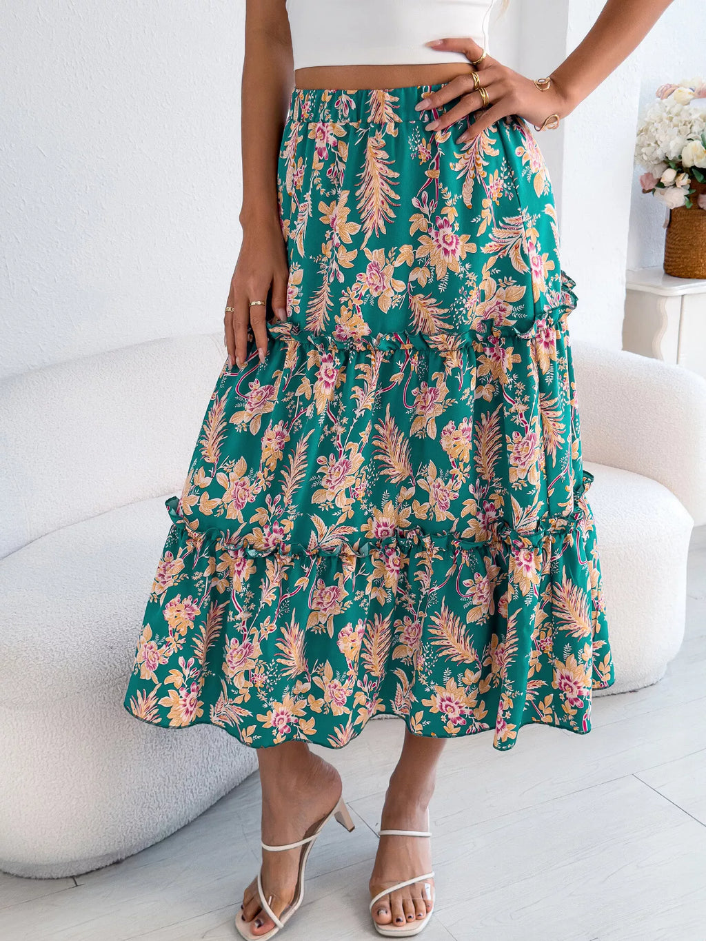 Women's Midi Skirt Floral Ruffle Hem Casual