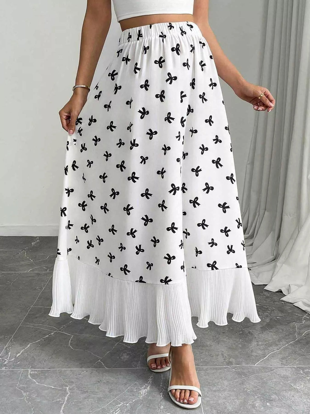 Women's Maxi Skirt Bow-Print Ruffle Hem Casual