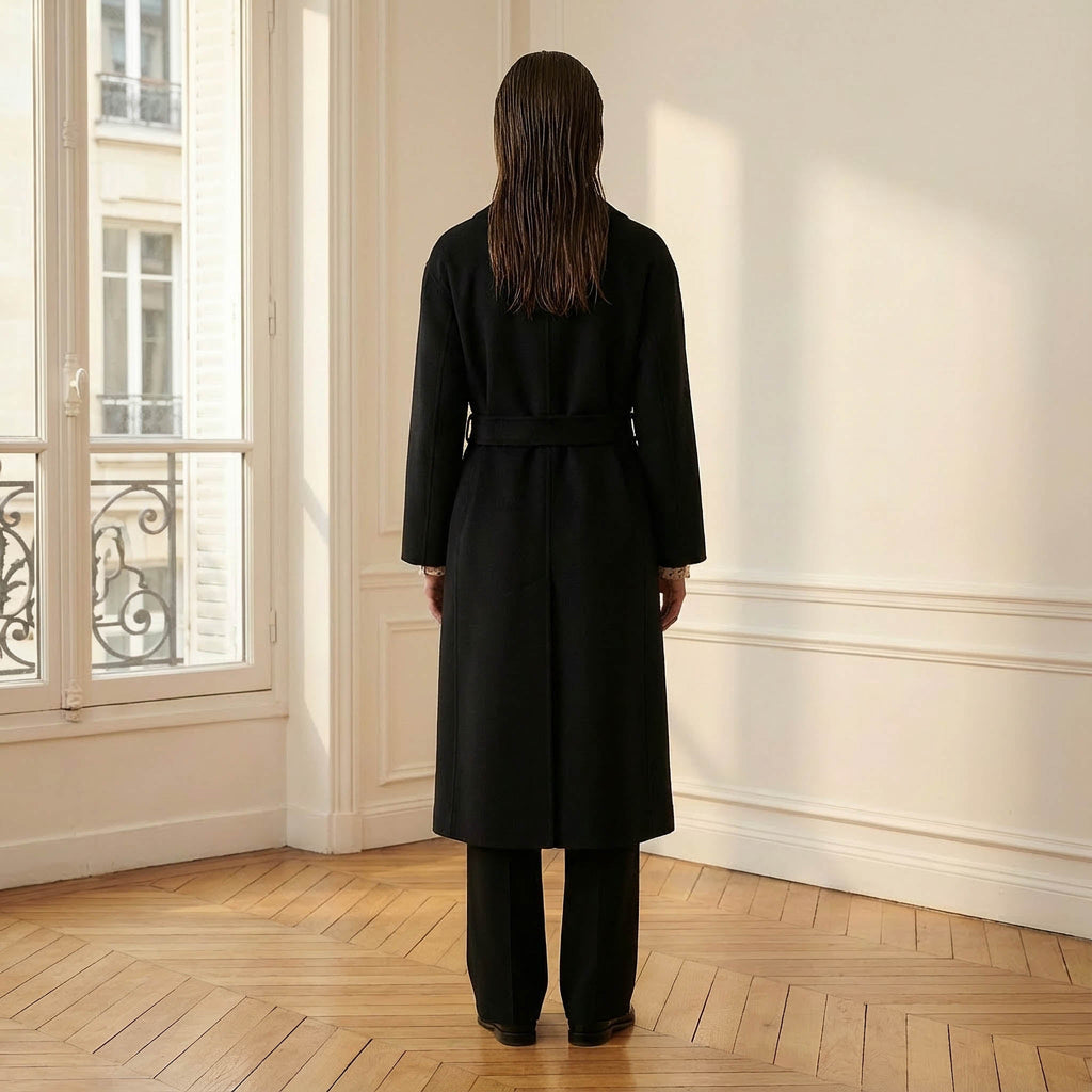 Clara Premium Pure Cashmere Black Coat | Women's Long Belted Wrap Coat