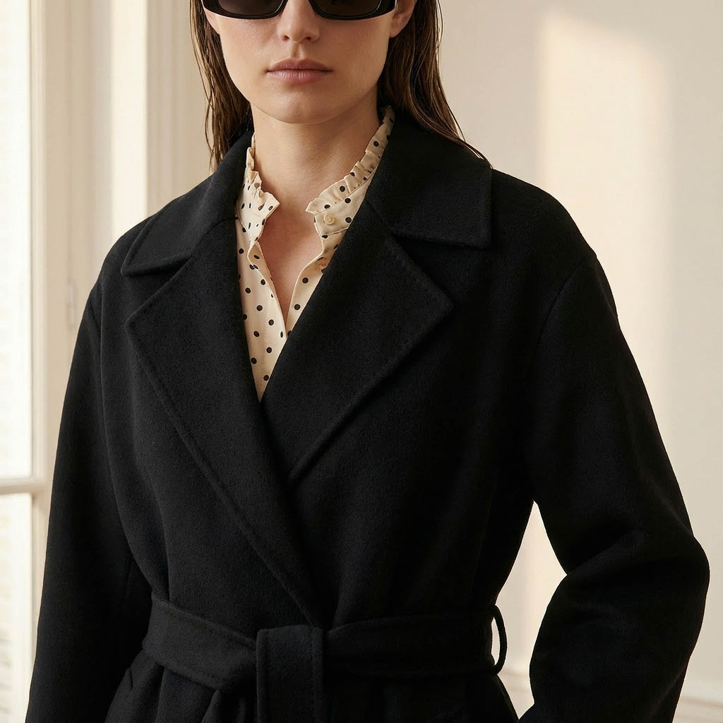 Clara Premium Pure Cashmere Black Coat | Women's Long Belted Wrap Coat