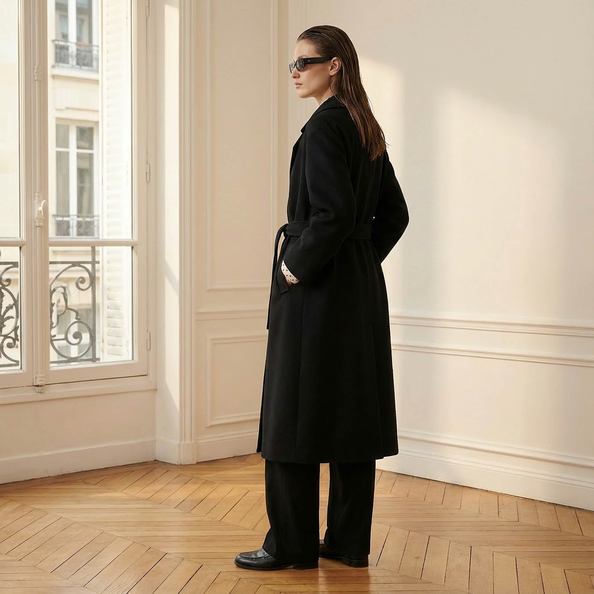 Clara Premium Pure Cashmere Black Coat | Women's Long Belted Wrap Coat