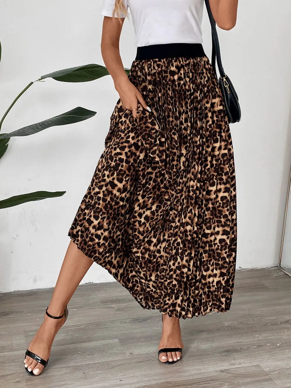 Women's Pleated Leopard Maxi Skirt Casual