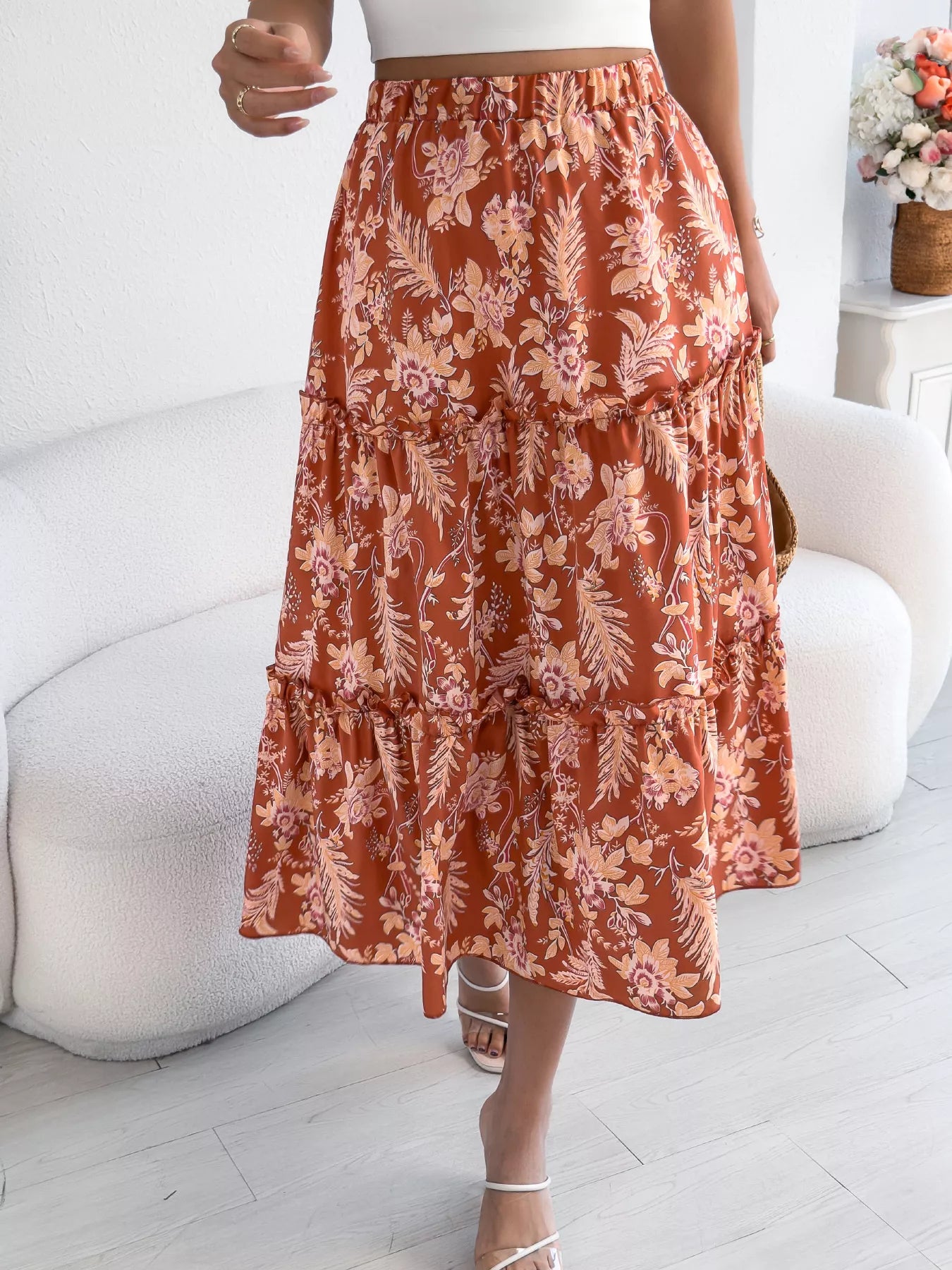 Women's Midi Skirt Floral Ruffle Hem Casual