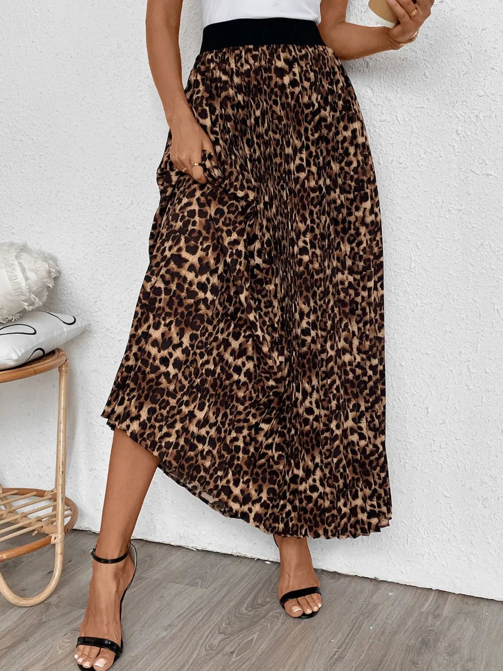 Women's Pleated Leopard Maxi Skirt Casual