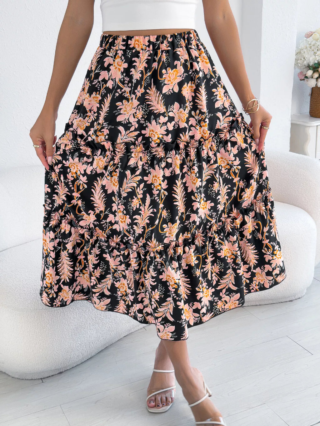 Women's Midi Skirt Floral Ruffle Hem Casual