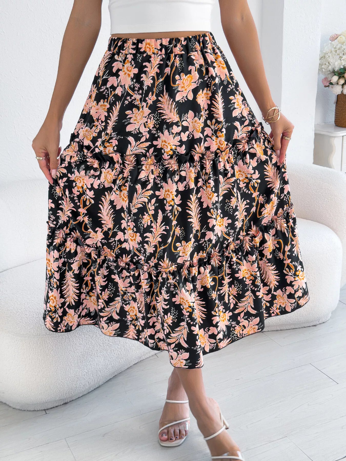 Women's Midi Skirt Floral Ruffle Hem Casual