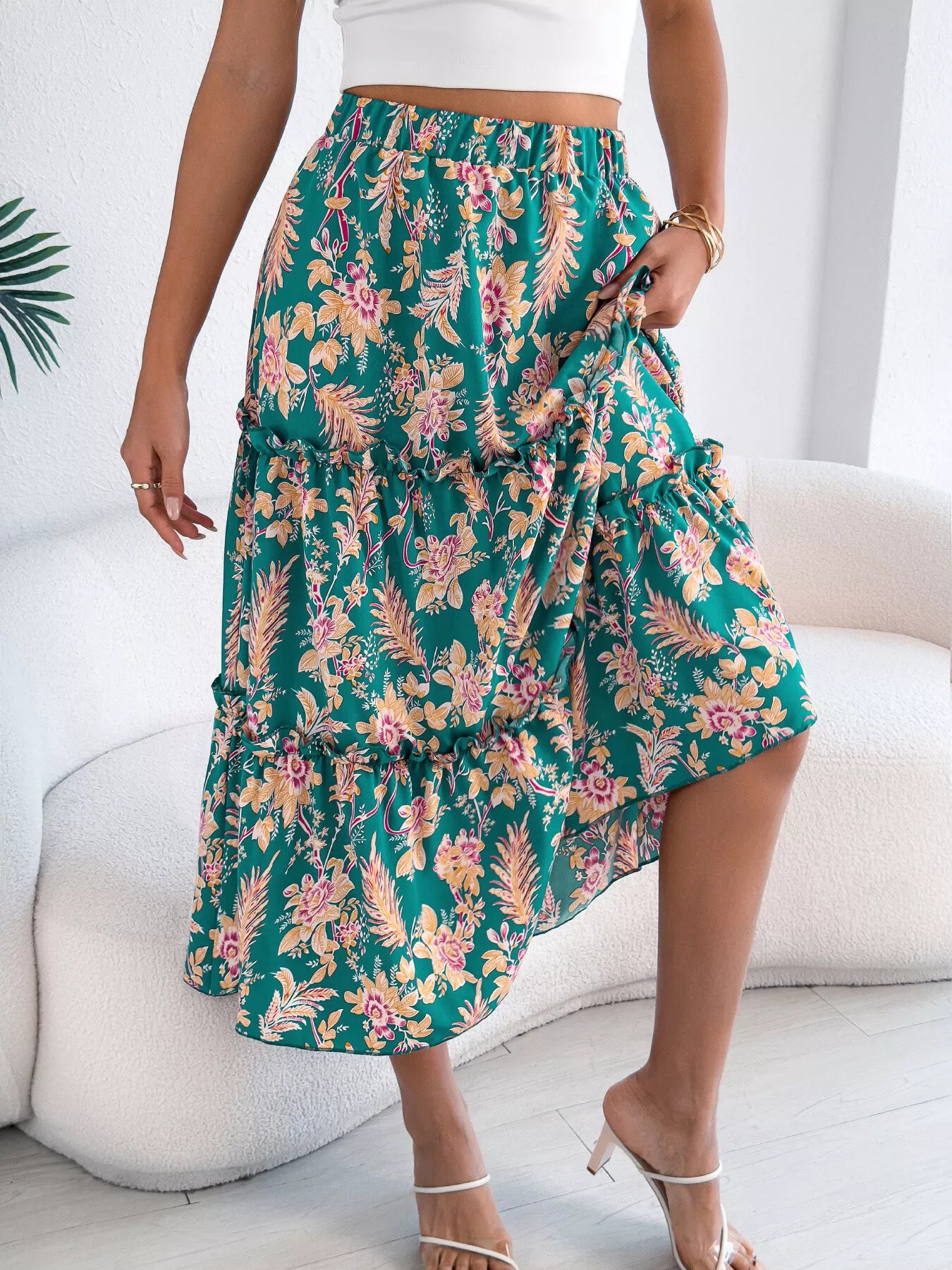 Women's Midi Skirt Floral Ruffle Hem Casual