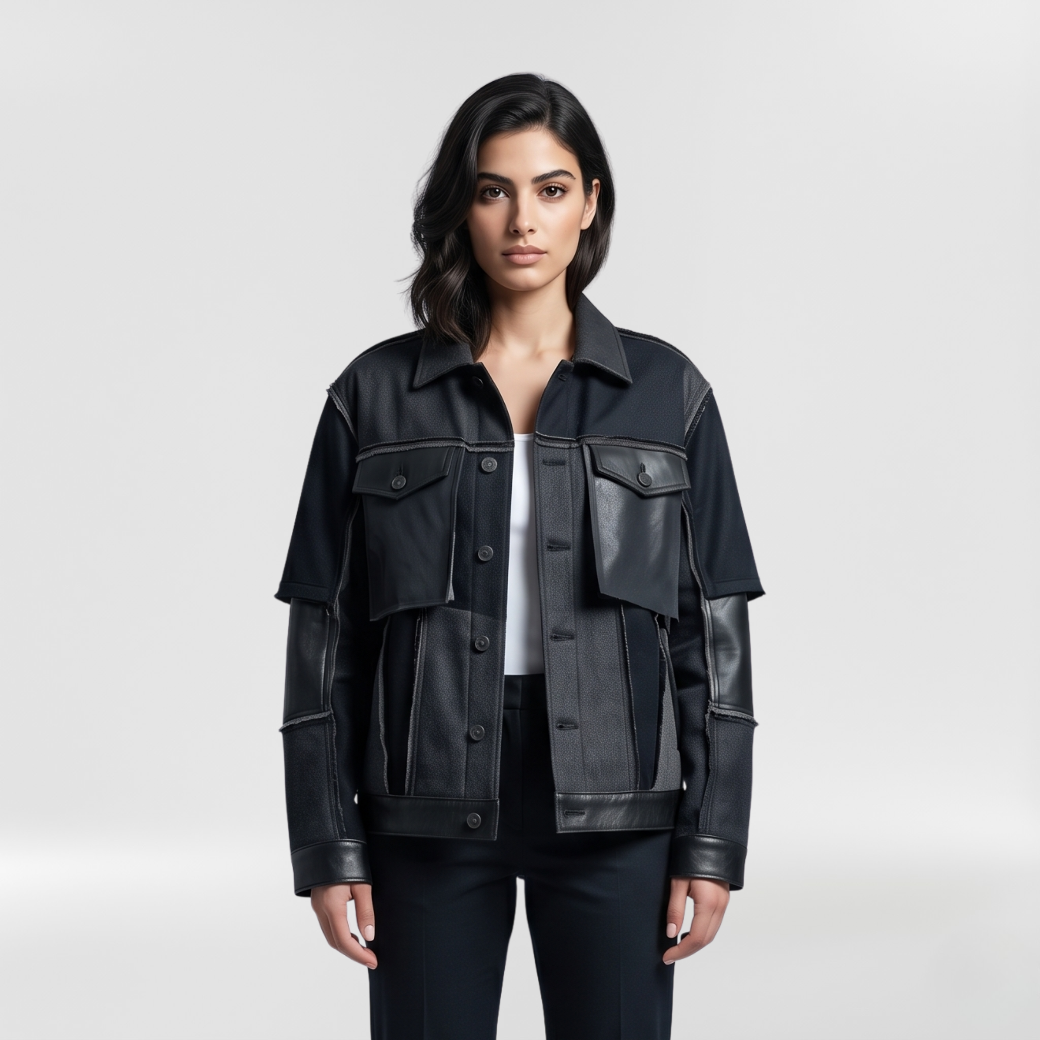Layered Hybrid Utility Leather Jacket