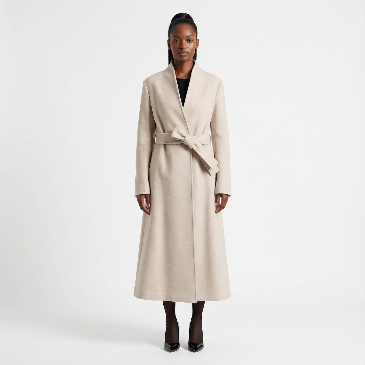 Victoria Oatmeal Romantic High neck  wool tailored flare skirt