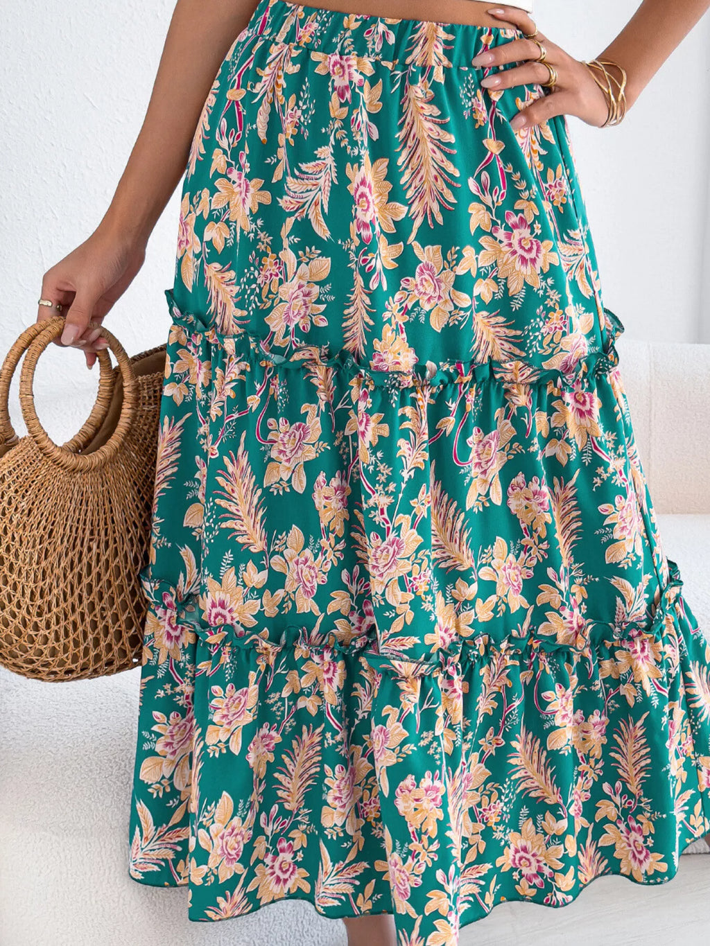 Women's Midi Skirt Floral Ruffle Hem Casual