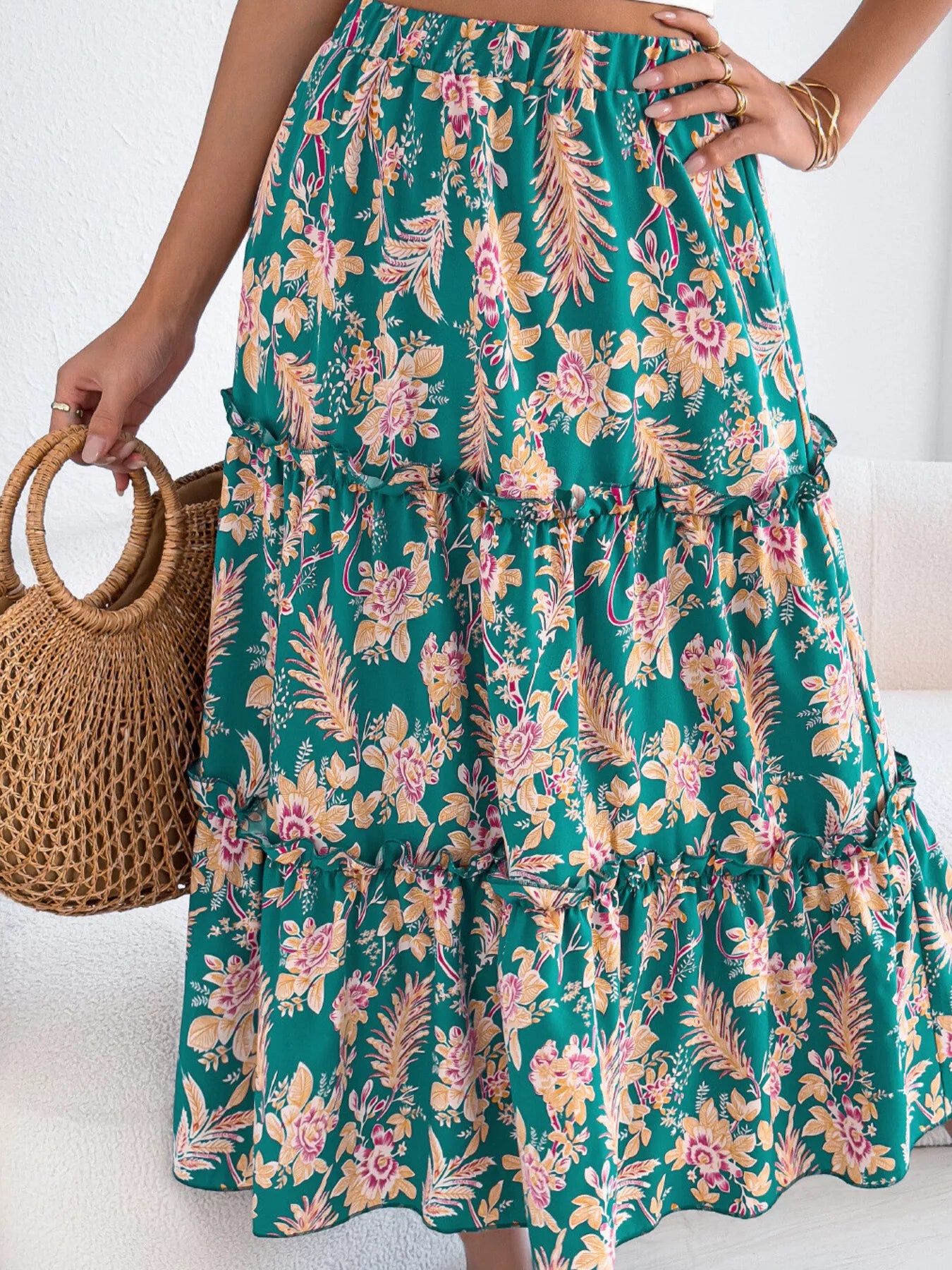 Women's Midi Skirt Floral Ruffle Hem Casual