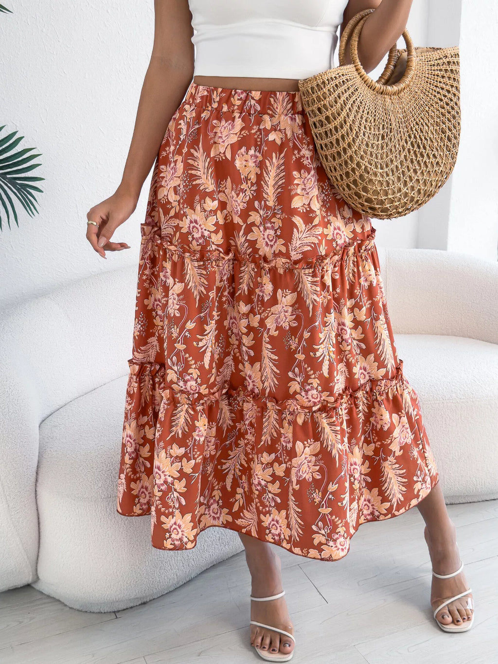 Women's Midi Skirt Floral Ruffle Hem Casual