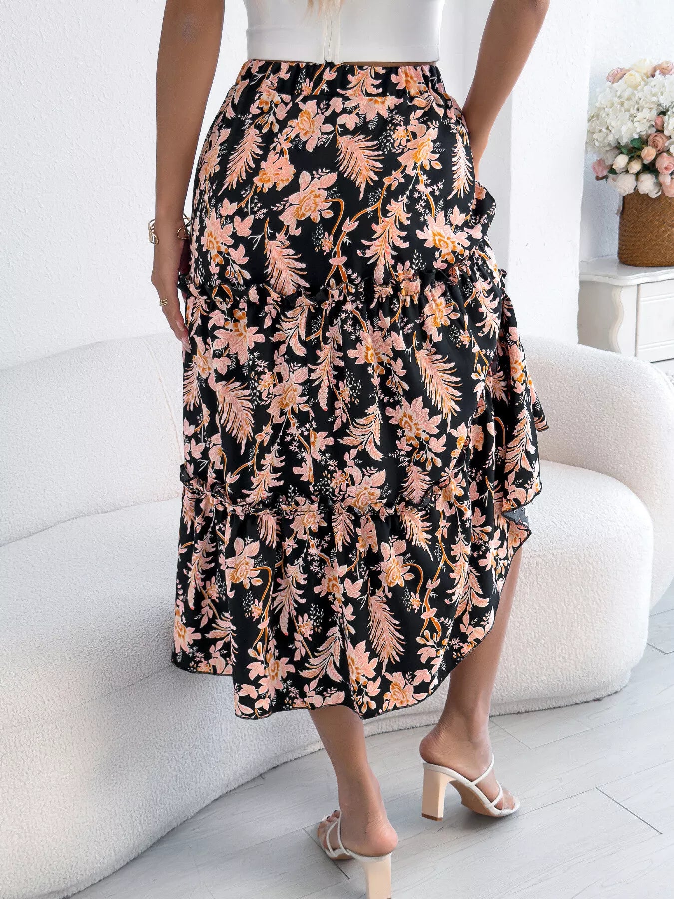 Women's Midi Skirt Floral Ruffle Hem Casual