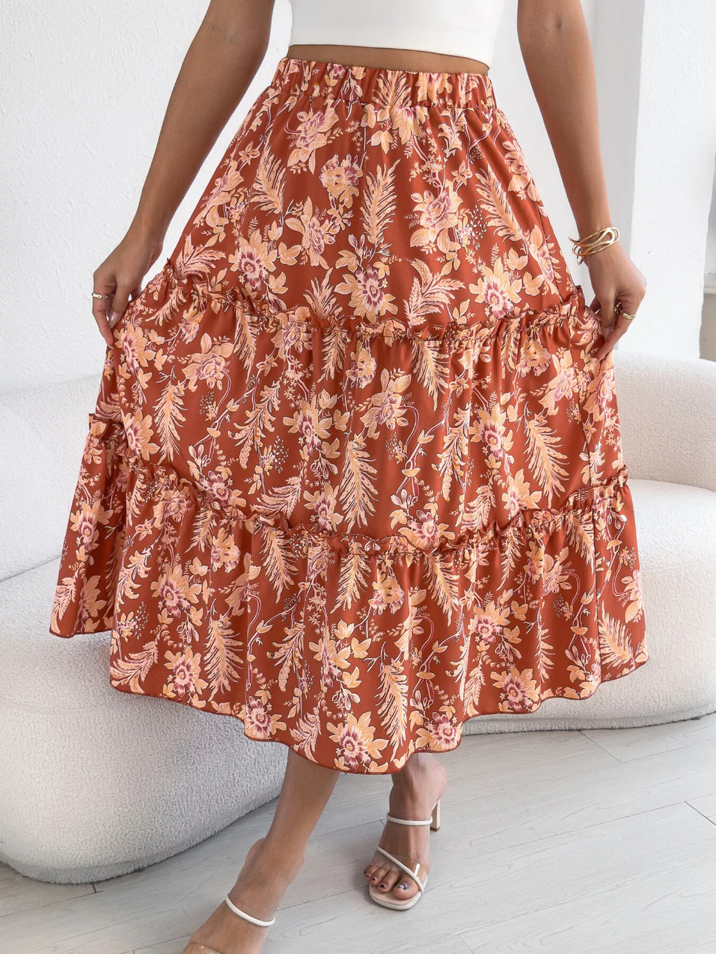 Women's Midi Skirt Floral Ruffle Hem Casual