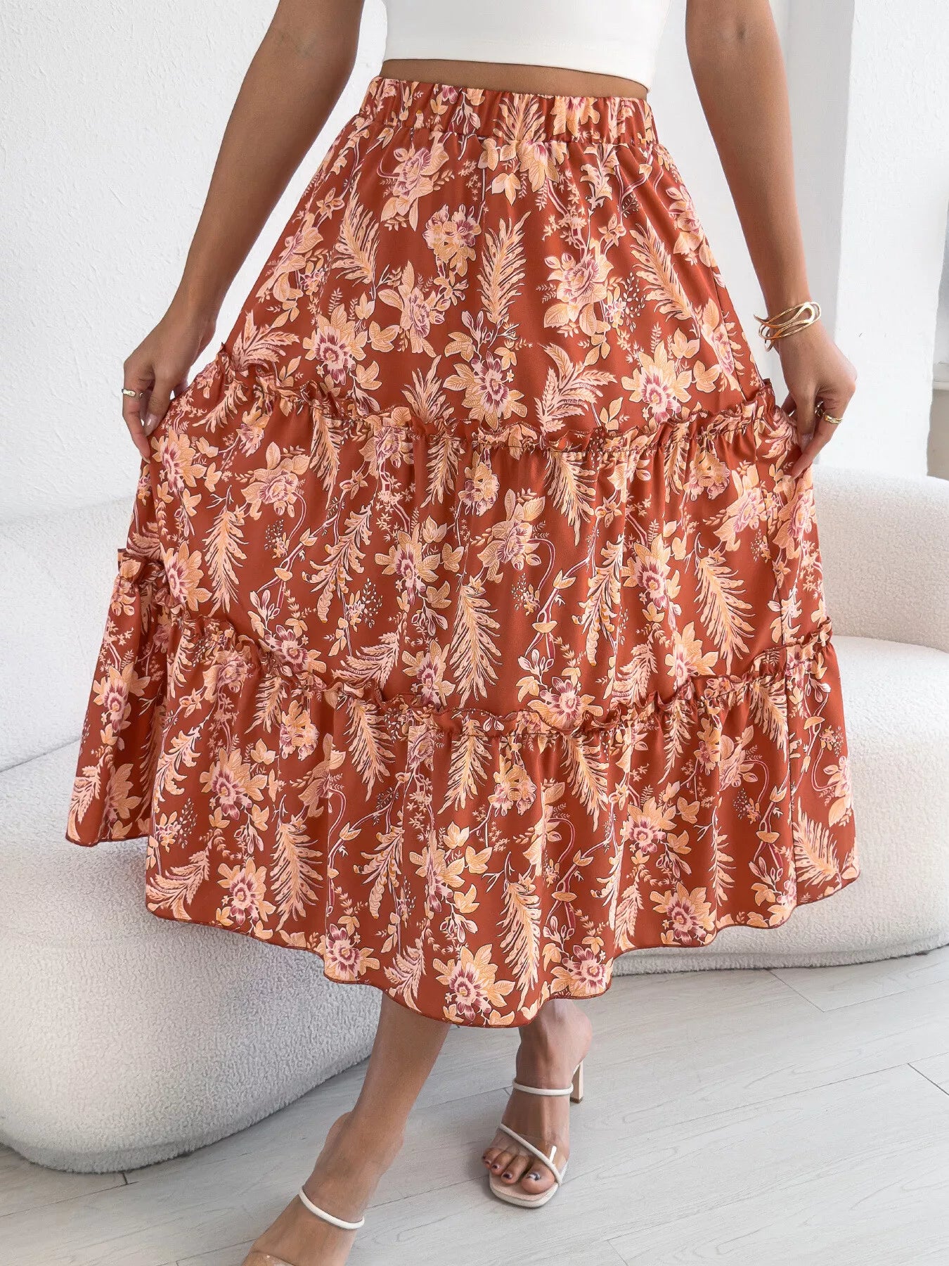 Women's Midi Skirt Floral Ruffle Hem Casual