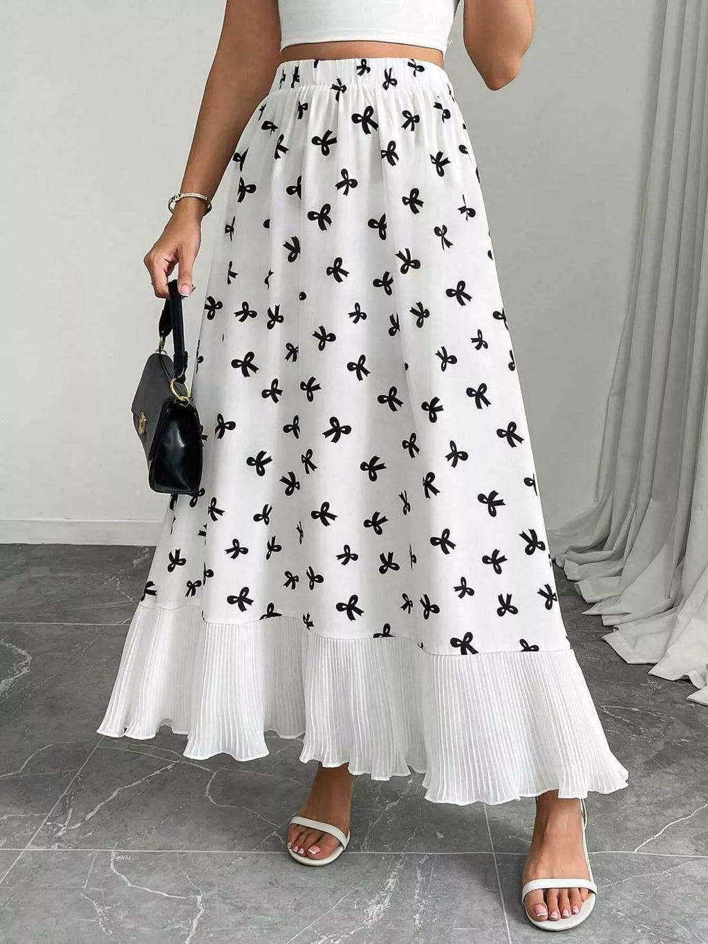 Women's Maxi Skirt Bow-Print Ruffle Hem Casual