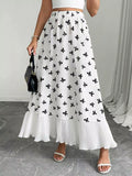 Women's Maxi Skirt Bow-Print Ruffle Hem Casual