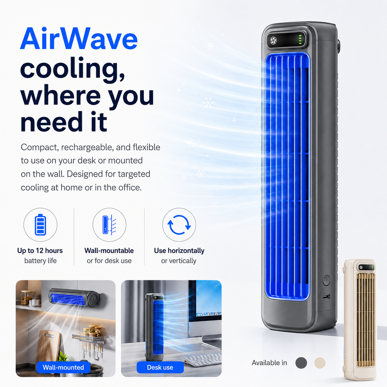 AirWave – Portable Rechargeable Air Conditioner with 12-Hour Battery Life