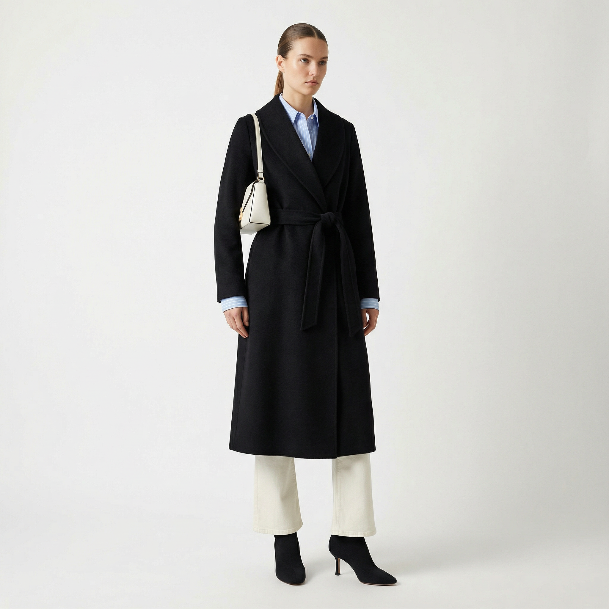 Crown Pure Cashmere Coat | Luxury Black Wrap Coat
