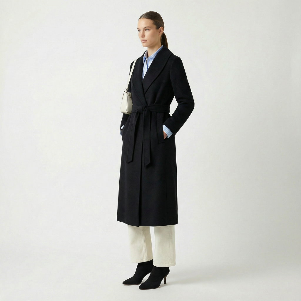 Crown Pure Cashmere Coat | Luxury Black Wrap Coat