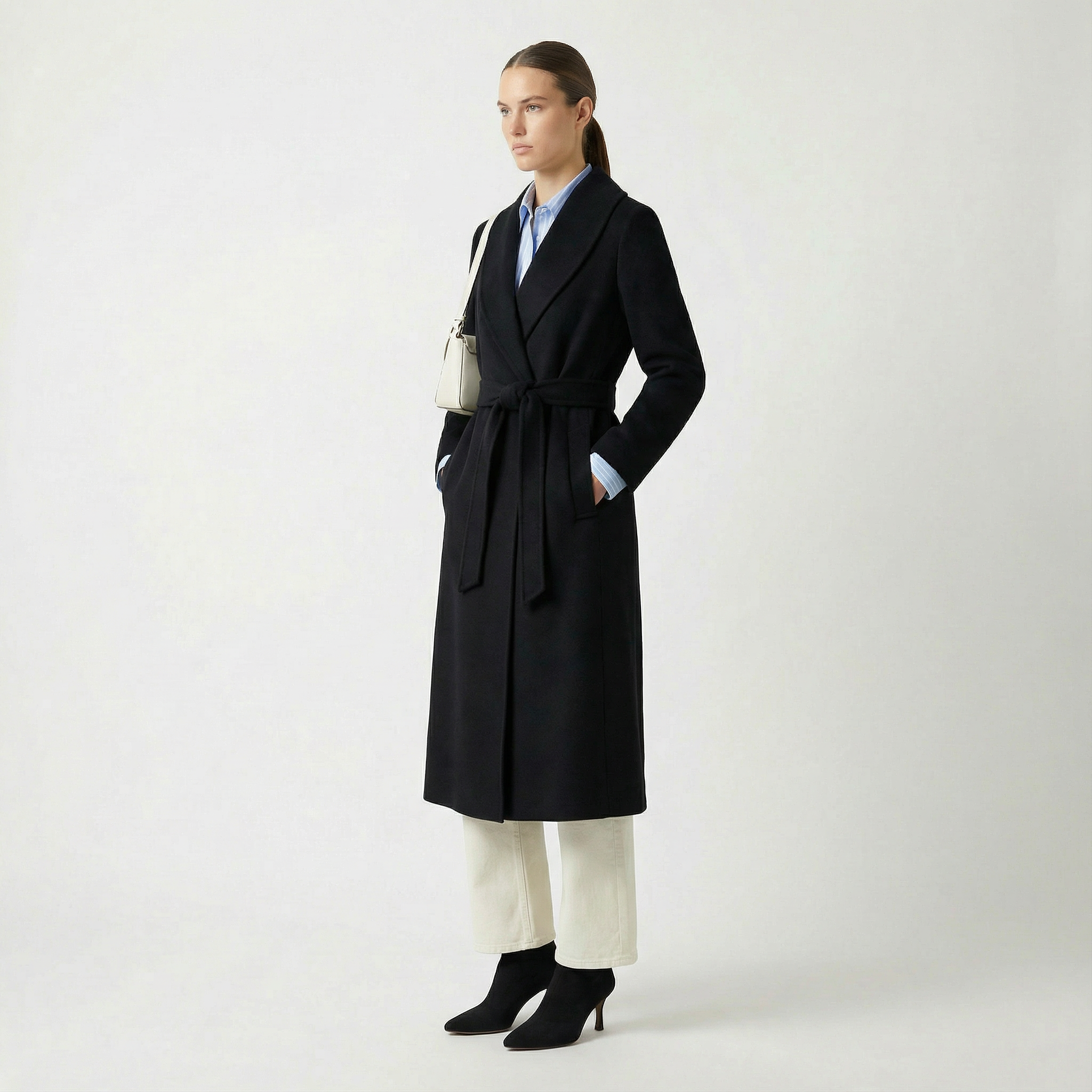Crown Pure Cashmere Coat | Luxury Black Wrap Coat