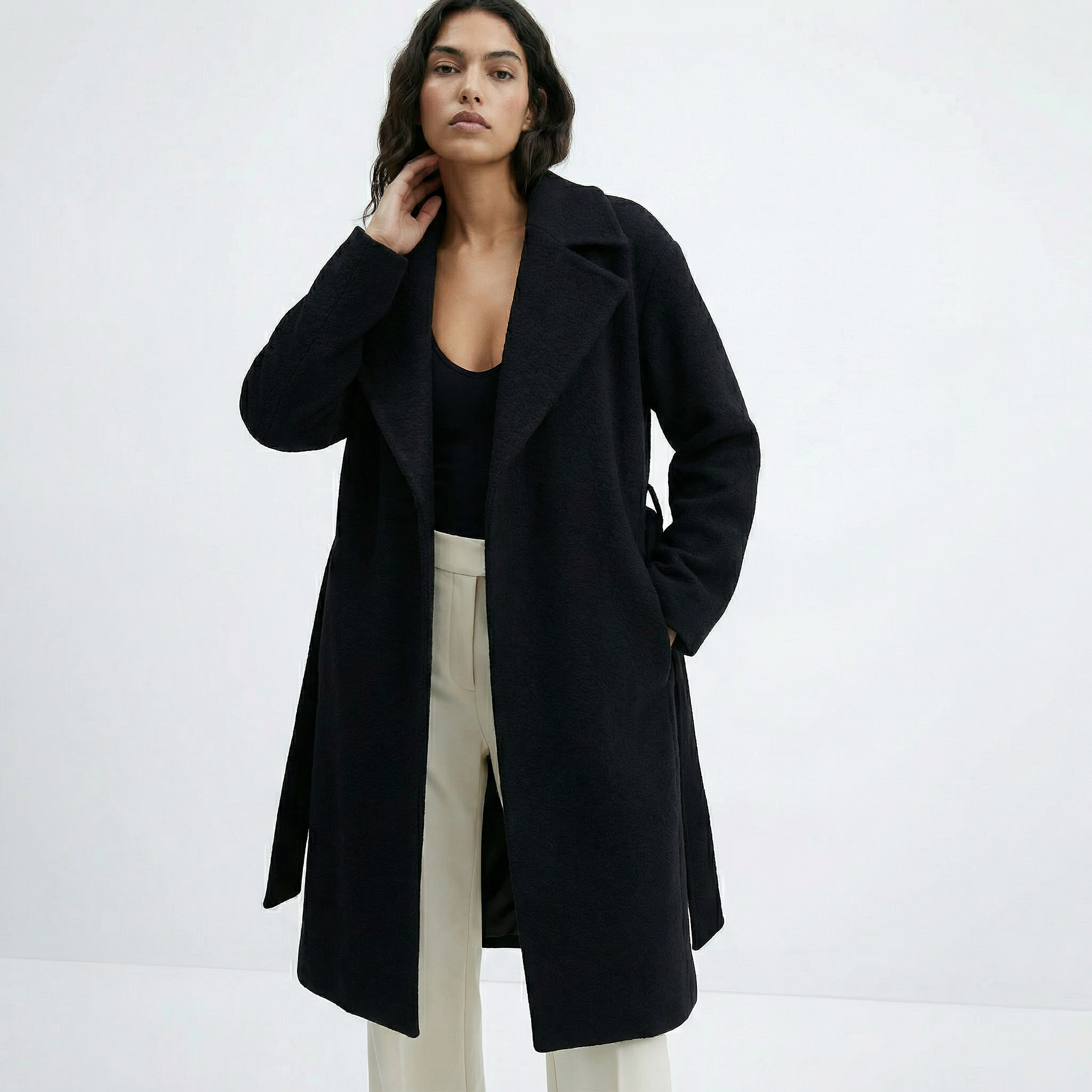 The Bond | 100% Boiled Wool Knee-Length Wrap Coat - Black