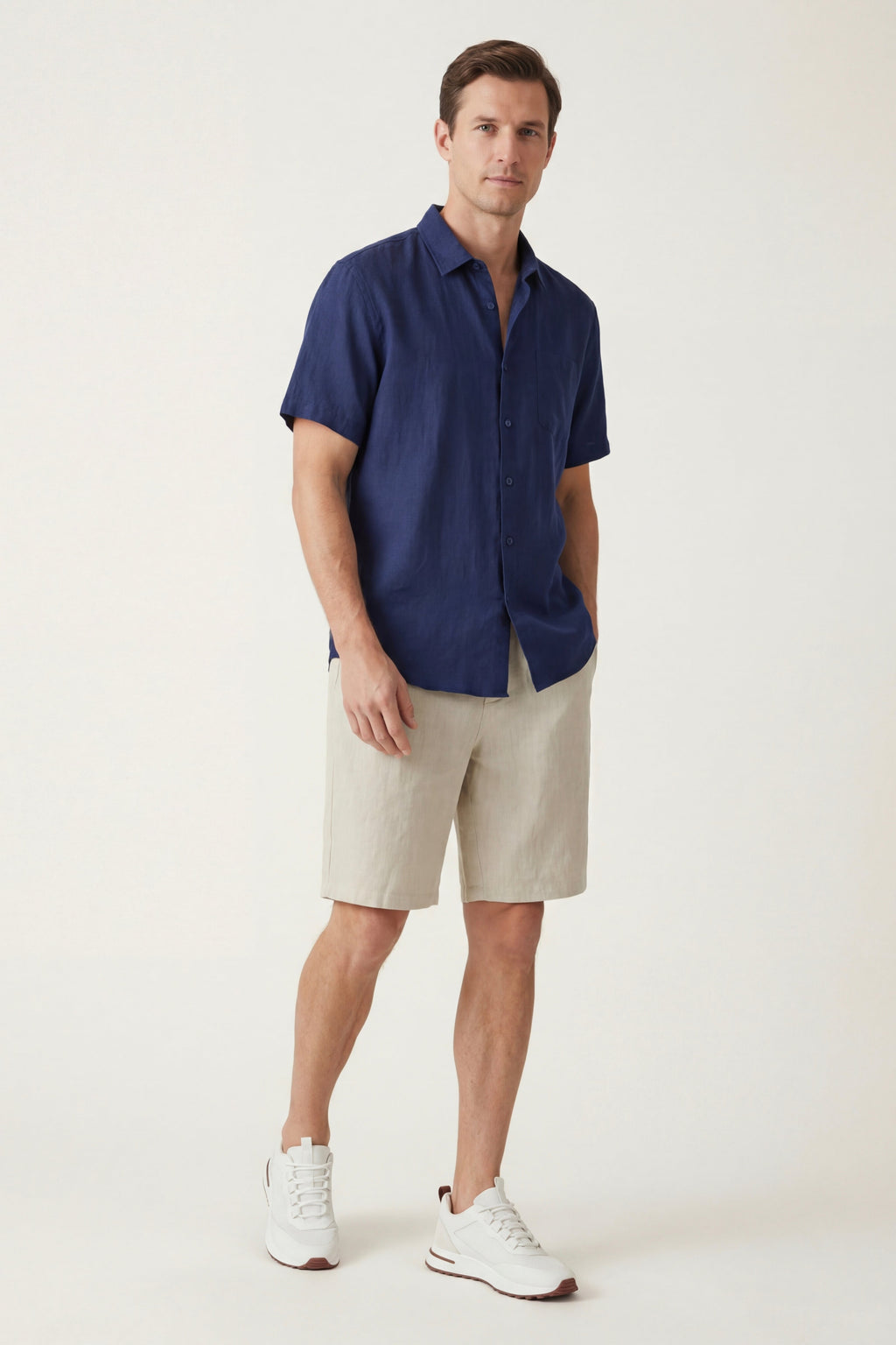 Verona Linen Shirt & Shorts Navy/Beige