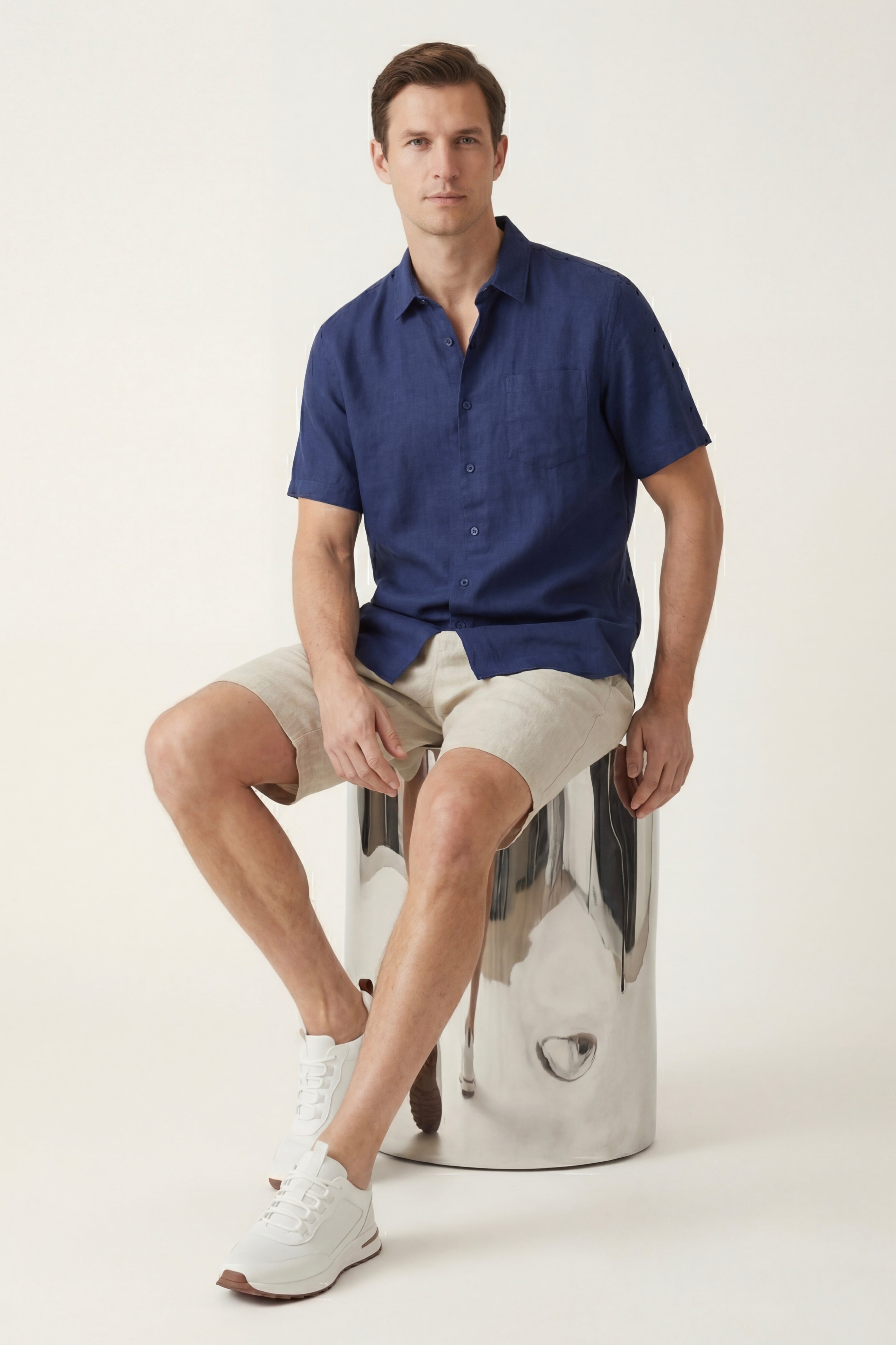 Verona Linen Shirt & Shorts Navy/Beige