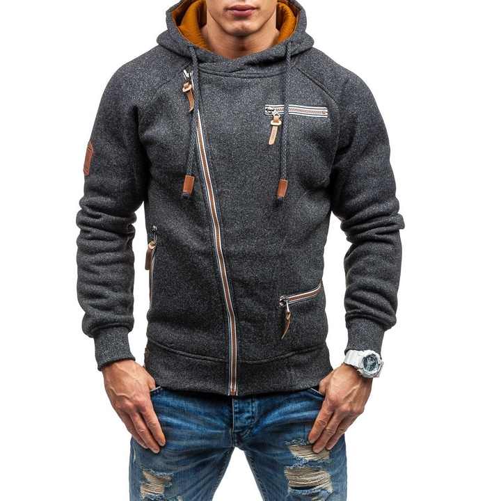 Men's Asymmetric Zip-Up Hoodie with Multi-Pocket Design for Cold Weather 0