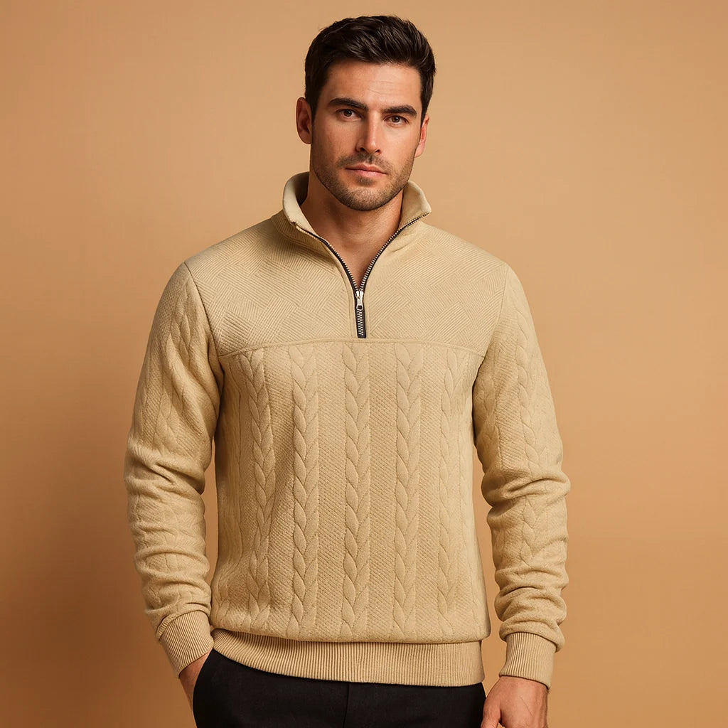 Men's Cable Knit Quarter Zip Sweater with Stand-Up Collar 0