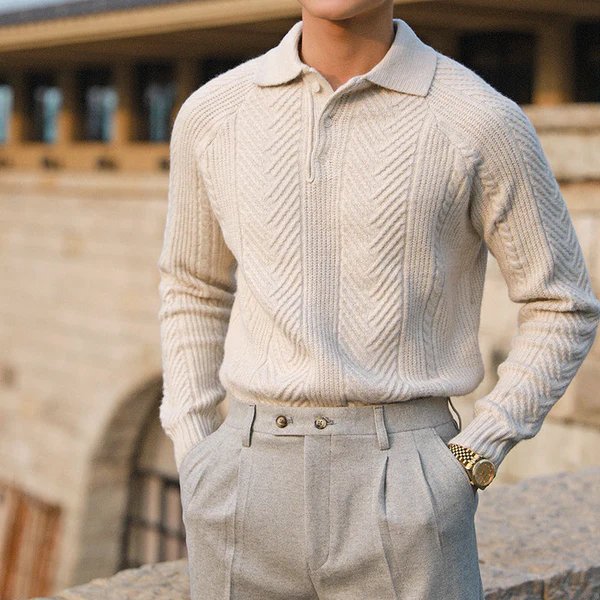 Men's Collared Knit Sweater with Textured Pattern and Button Detail 0