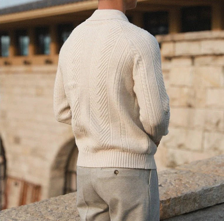 Men's Collared Knit Sweater with Textured Pattern and Button Detail 3