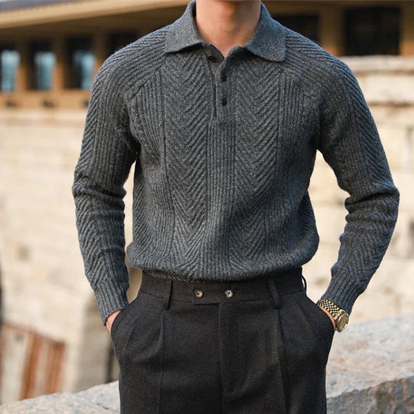 Men's Collared Knit Sweater with Textured Pattern and Button Detail 4
