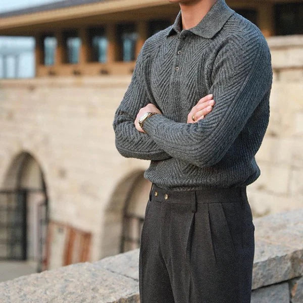 Men's Collared Knit Sweater with Textured Pattern and Button Detail 5