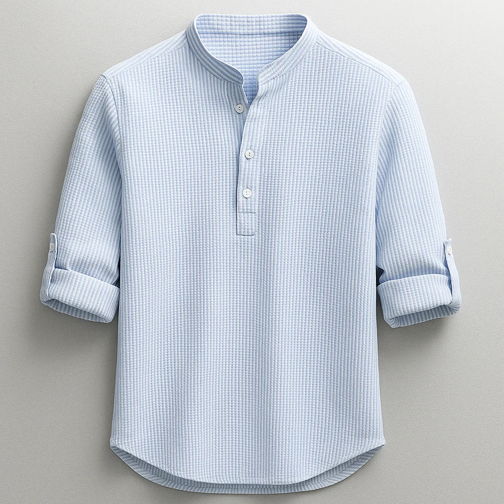 Men's Cotton Grandad Collar Shirt with Half-Button Closure 0