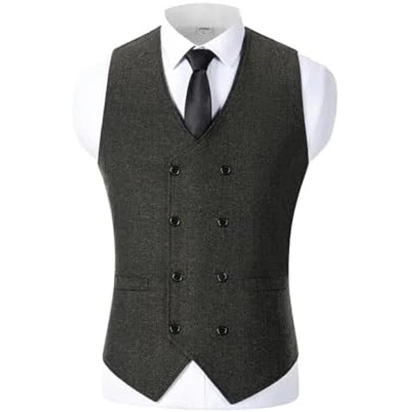 Men's Double-Breasted Wool Tweed Waistcoat with V-Neck 0