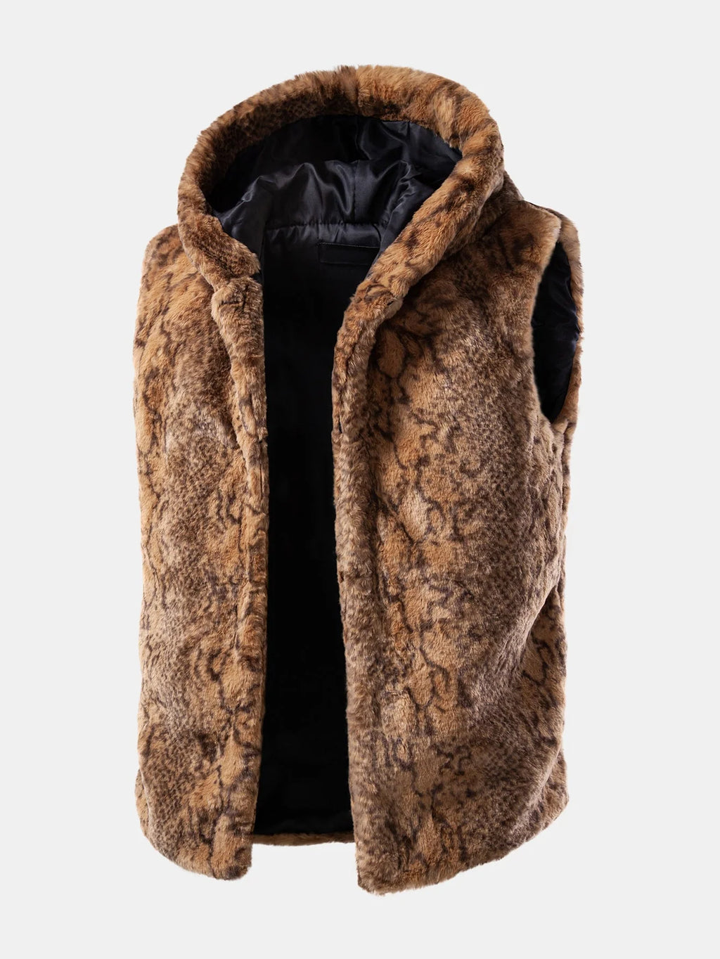 Men's Faux Fur Hooded Bodywarmer with Textured Print Sleeveless Vest 0