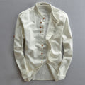 Men's Grandad Collar Shirt with Roll-Up Sleeves and Button Closure 0