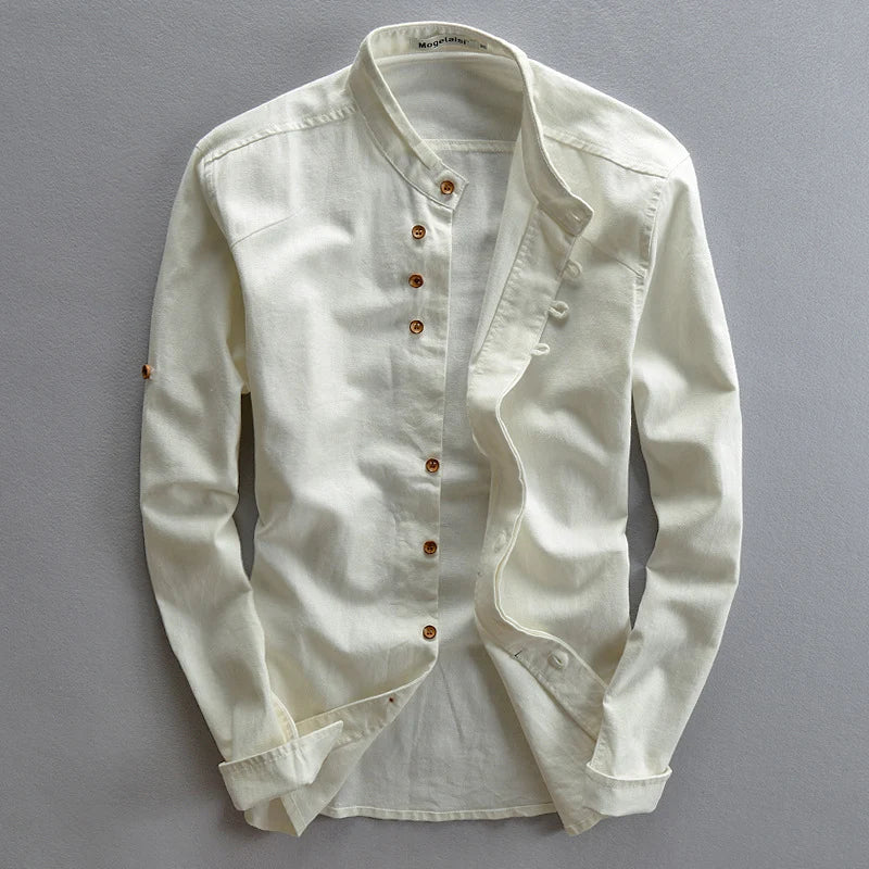 Men's Grandad Collar Shirt with Roll-Up Sleeves and Button Closure 0