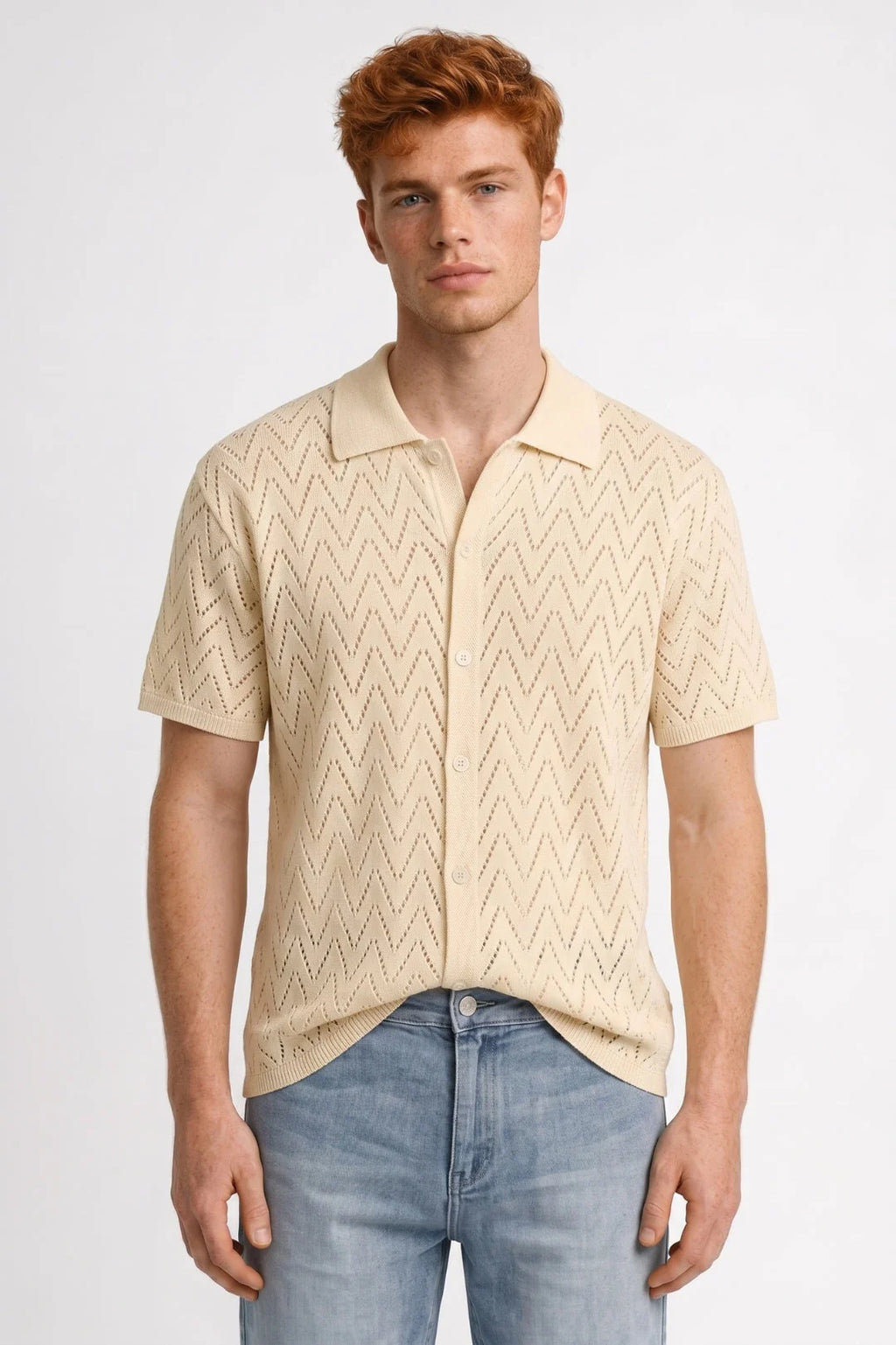 Men's Knit Polo Shirt with Button Closure and Printed Texture 1