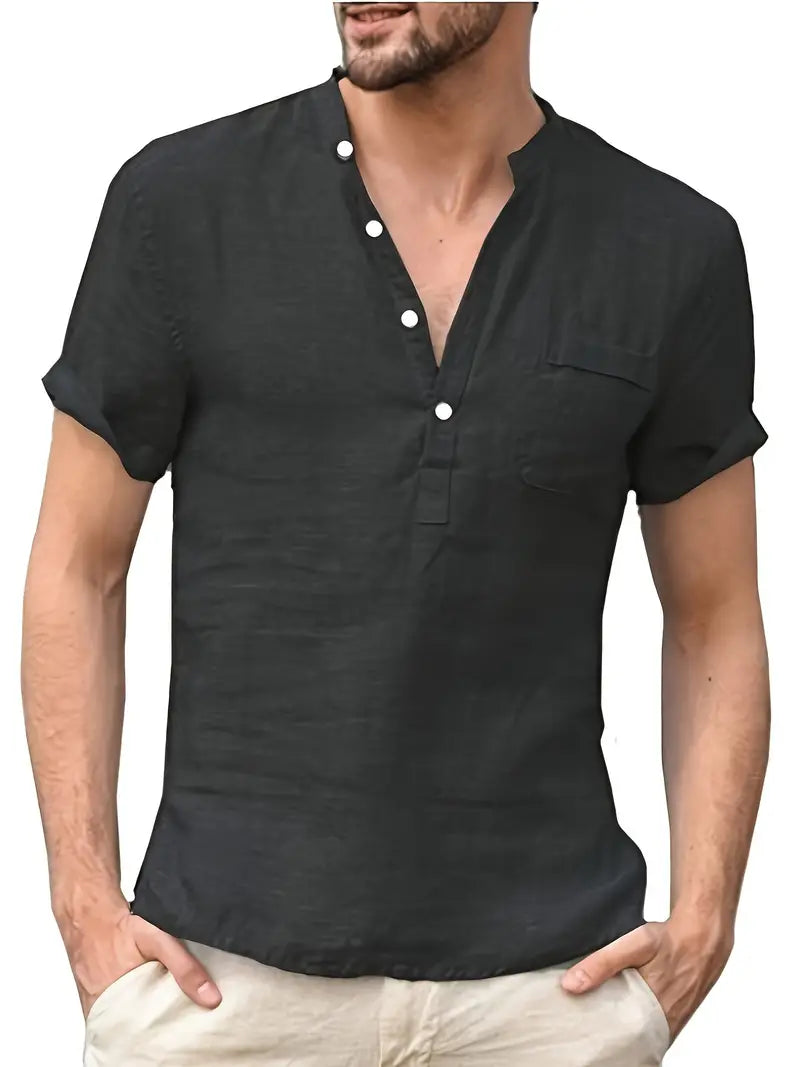 Men's Lightweight Cotton Henley Shirt with Short Sleeves and Button Closure 0