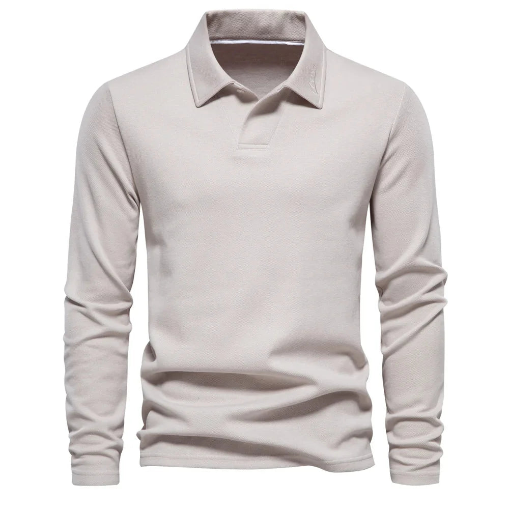 Men's Long-Sleeve Knitted Polo Shirt with Open Collar 0