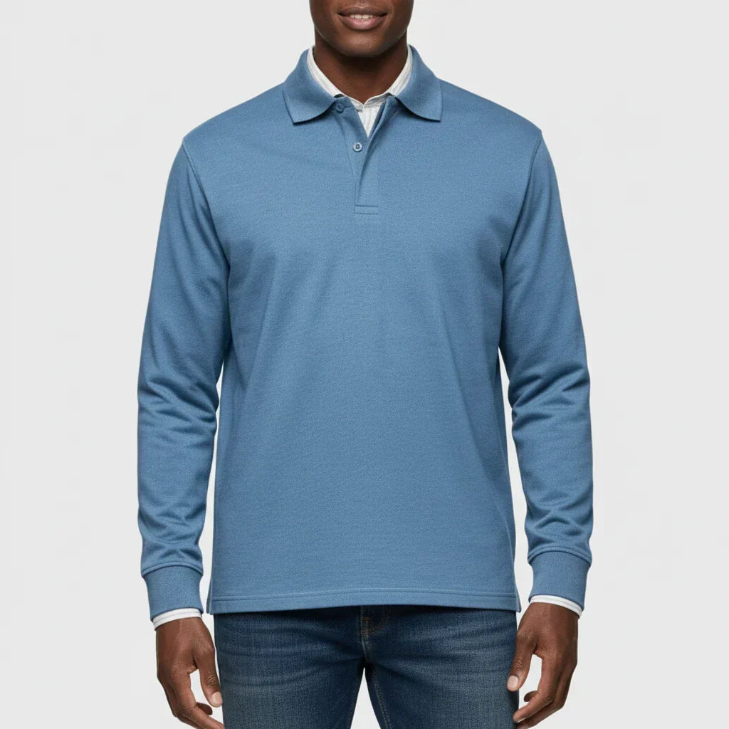 Men's Long-Sleeve Polo Shirt with Button Placket and Regular Fit 0