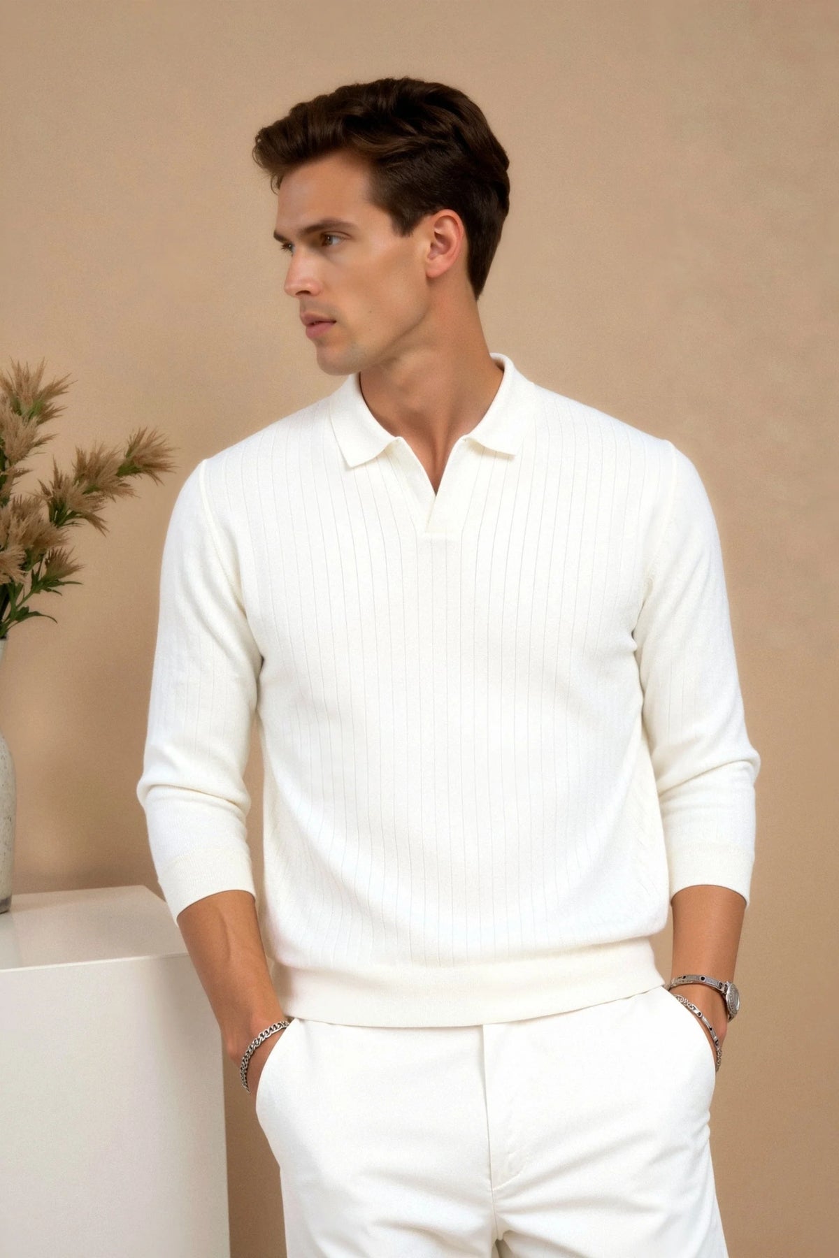 Men's Long Sleeve Ribbed Knit Polo Shirt with Tailored Fit 1