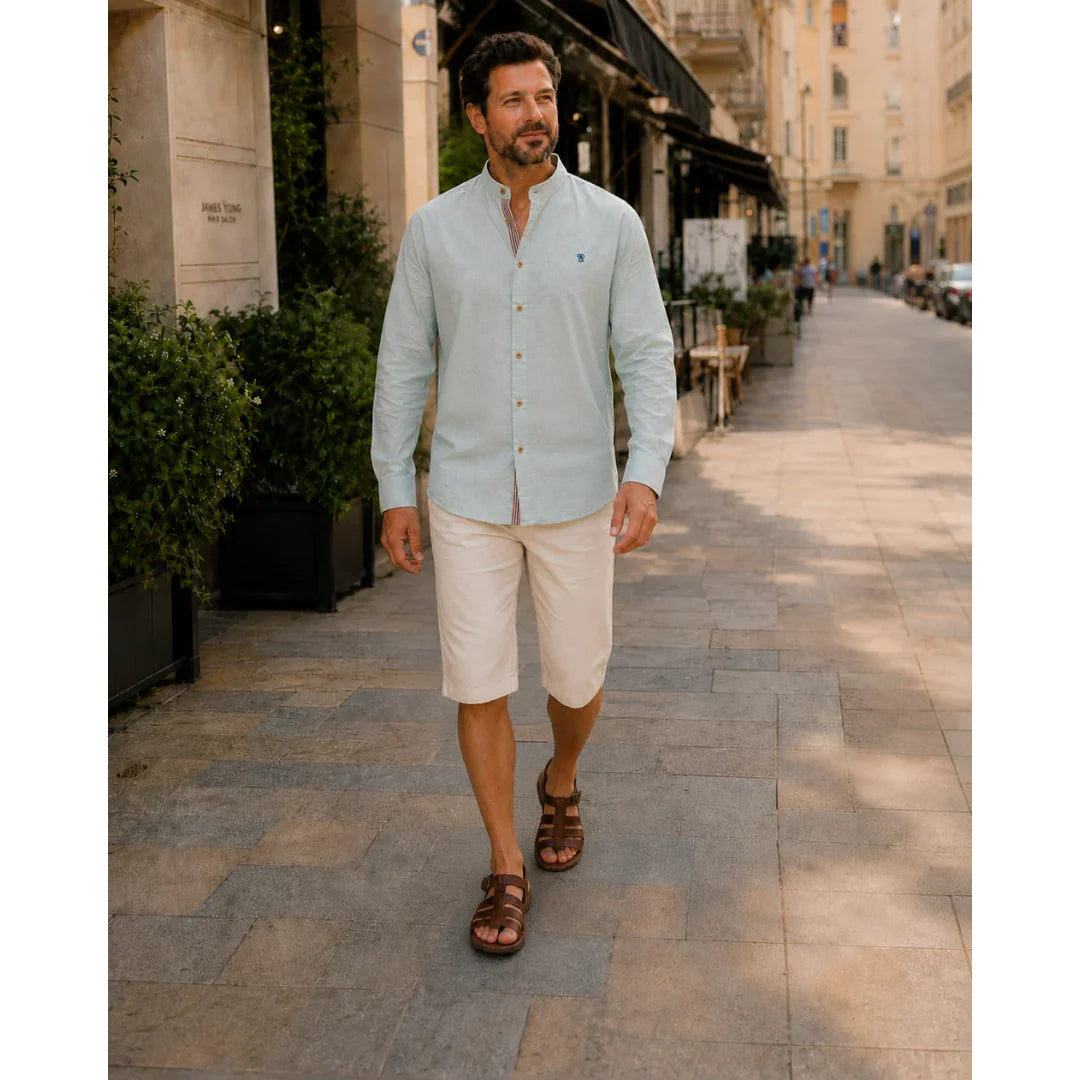 Men's Long Sleeve Shirt with Stand-Up Collar and Button Front 0