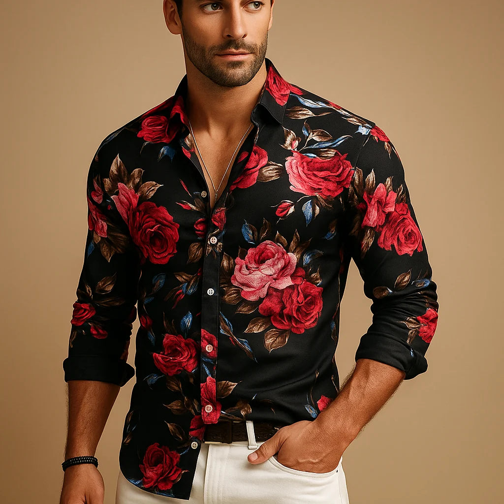 Men's Printed Long-Sleeve Button-Front Shirt with Classic Collar 0