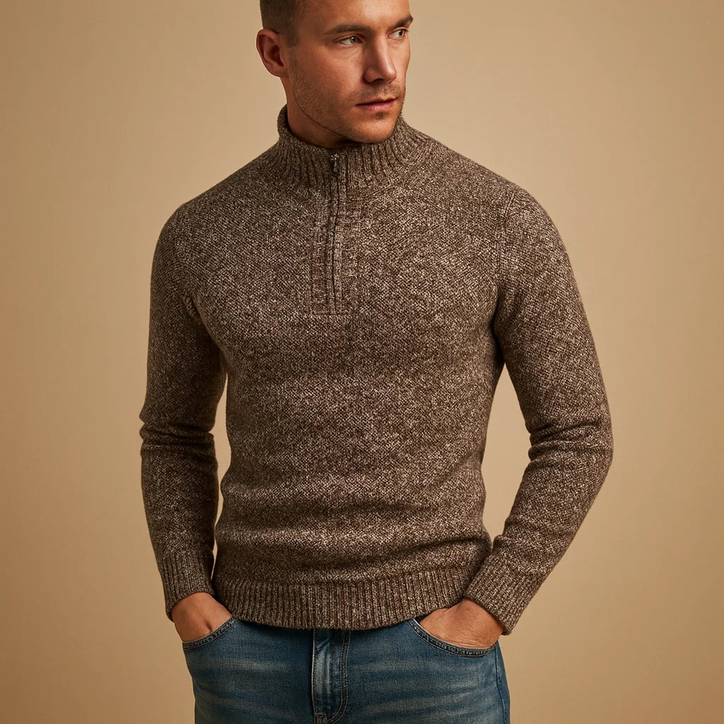 Men's Quarter-Zip Knitted Sweater with Ribbed Stand-Up Collar 0