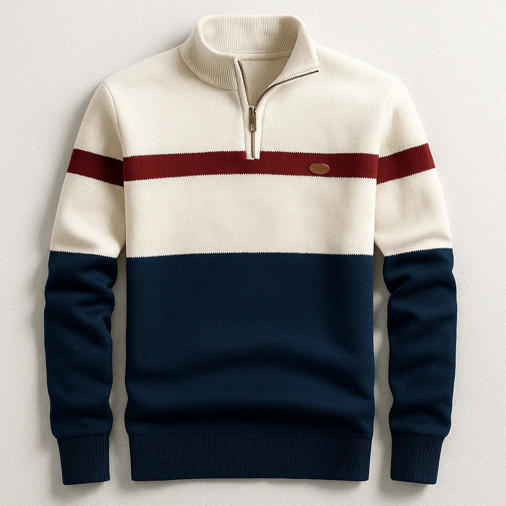 Men's Quarter Zip Sweater in Colour-Block Knit with Stand-Up Collar 0