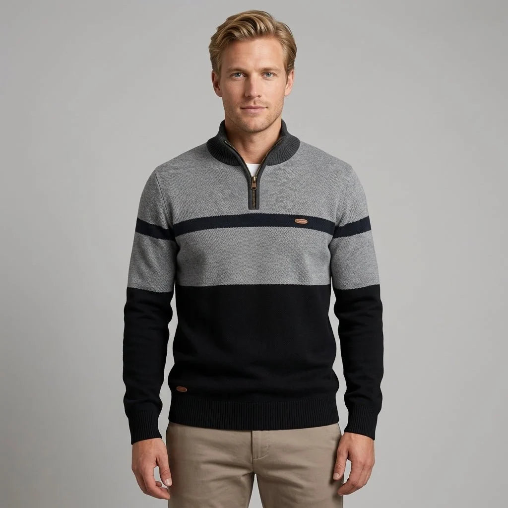 Men's Quarter Zip Sweater in Colour-Block Knit with Stand-Up Collar 1